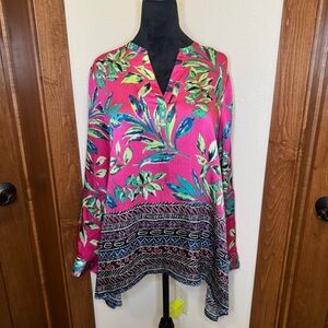 Rafaella Vibrant Pink and Green Women's Top Medium V-neck 3/4 sleeve